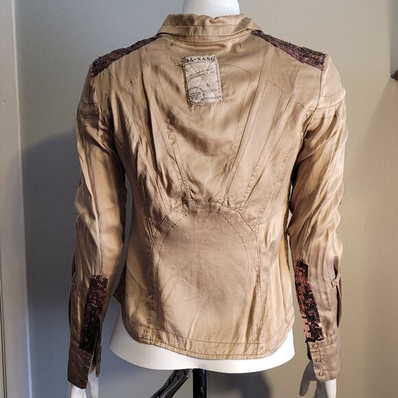 Vntg Da Nang 100% Silk Blouse Sz XS Bronze Sequin Cuff Y2K Boho Resort Wear Top - Picture 6 of 15